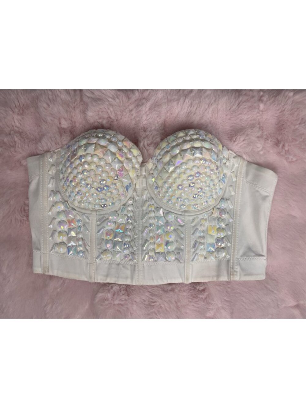 White Rhinestone Bustier Corset Top Iridescent Crystal Embellished Strapless Y2K